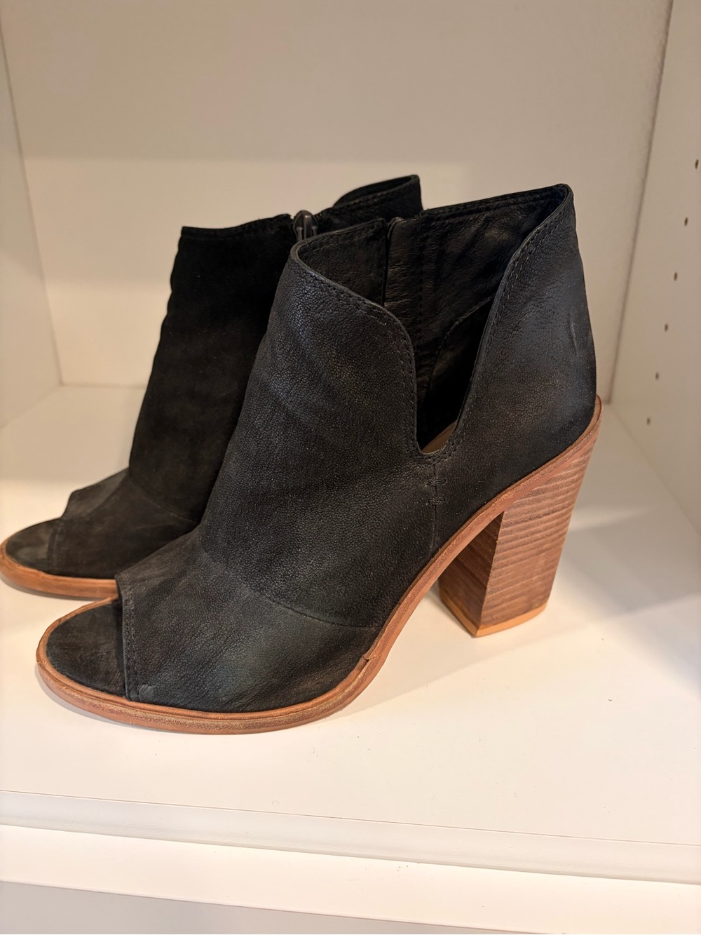 Vince Camuto Black Suede Peep-Toe Stacked Heel Booties